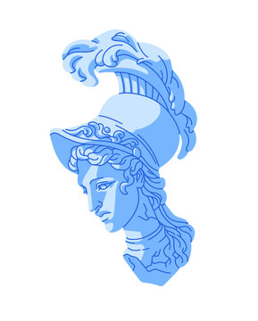 Ancient Greece gypsum head sculpture of Athena. Antique statue of Greek goddess of wisdom and warfare. Old marble bust of woman in helmet. Flat isolated vector illustration on white background