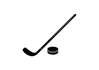 Hockey stick and puck silhouette black vector white background