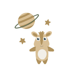 Nursery art, Cute squirrel character floating in space observing a ringed planet