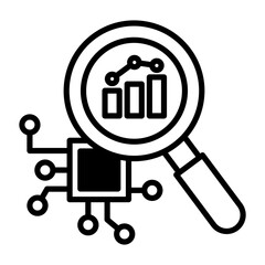 Icon showing AI demand forecasting. Includes semiconductors, a magnifying glass and a graph.