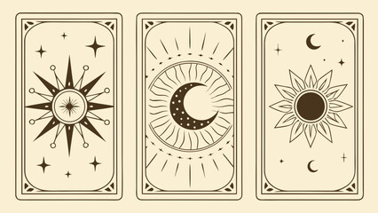 A collection of three tarot cards featuring celestial designs: sun, moon, and stars in a minimalist style.