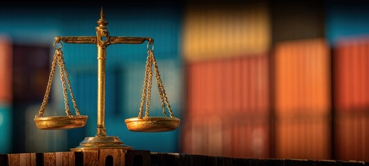 The golden scales of justice against a backdrop of colorful shipping containers.