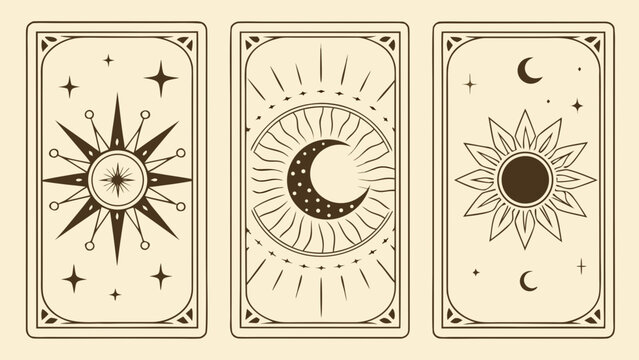 A collection of three tarot cards featuring celestial designs: sun, moon, and stars in a minimalist style.