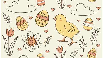 Illustration of easter chick with decorated eggs flowers clouds and hearts in a seamless pattern