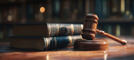 The gavel rests beside law books in an elegant library setting.