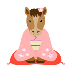 新年のご挨拶をする着物を着たメスの馬_1