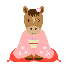 新年のご挨拶をする着物を着たメスの馬_2