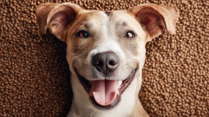 A happy dog with its tongue out, enjoying the moment while looking directly at the viewer. The dog lies on a background of dog food.