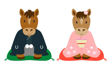新年のご挨拶をする着物を着たオスとメスの馬_2