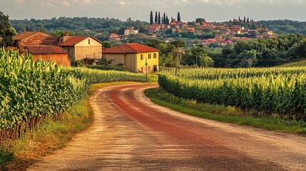 Country road winding through cornfields, Italian countryside villages in background