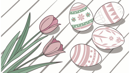 Illustration of pink tulips and decorated easter eggs on a white wooden surface in a simple style