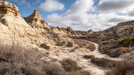 Obraz premium A sun-drenched, arid landscape with pale yellow-beige sandstone formations and a winding path