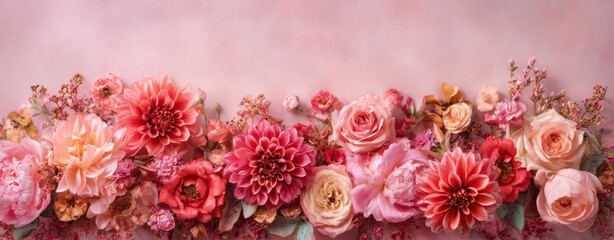 The Beautiful Floral Arrangement of Pink Roses and Dahlias on Pastel Background