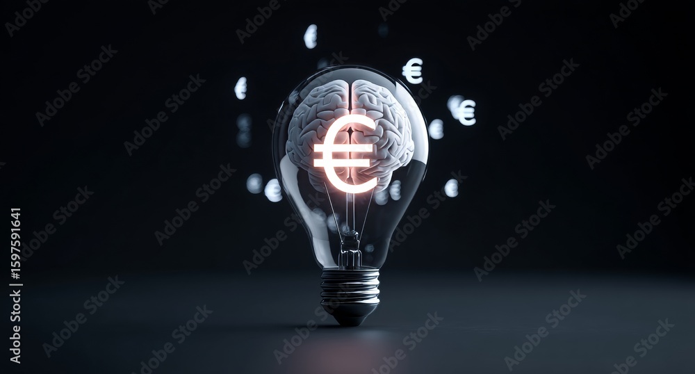 Poster a glowing lightbulb with interconnected dots and filled with symbols of currency represents the shin
