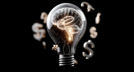 A glowing light bulb envelops a golden brain, surrounded by dazzling currency symbols on a dark foundation, signifying innovative financial solutions and enlightened thoughts