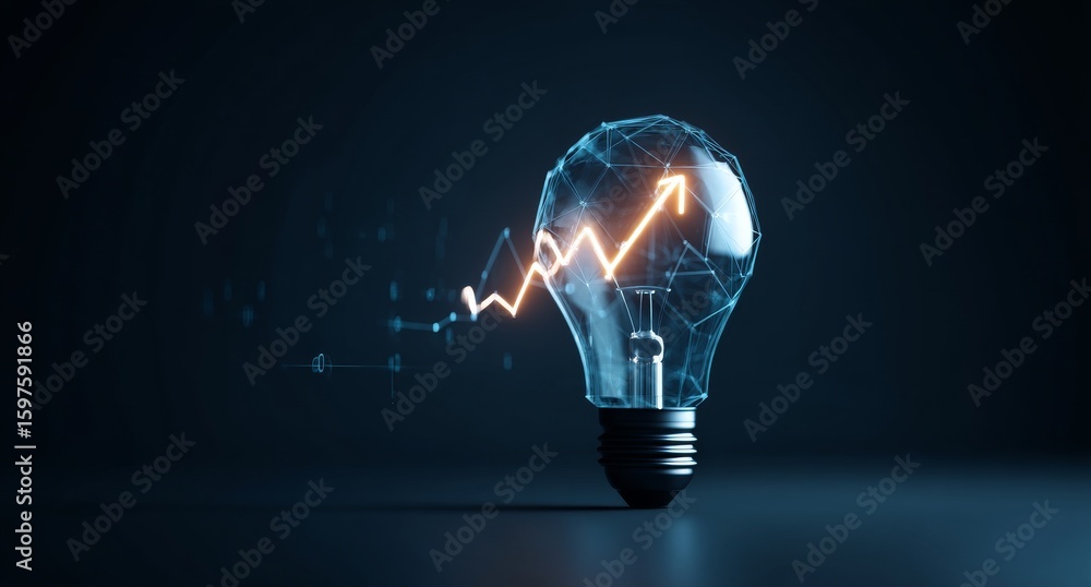 Poster a dark background serves as the setting for a graph with rising lines, topped by a shining neon ligh