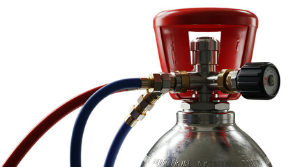 Fototapeta premium Close up of an Oxygen or Gas Cylinder with Regulator and Hoses against Black Backdrop for Industrial Applications