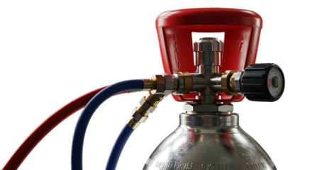 Close up of an Oxygen or Gas Cylinder with Regulator and Hoses against Black Backdrop for Industrial Applications