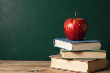 Stack of books with red apple and clean blackboard.