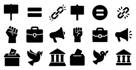 Protest and freedom solid icons set – silhouette, filled, activism and equality symbols