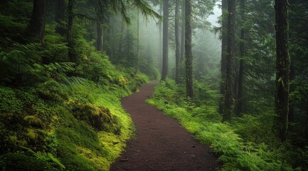 Misty forest path winds through lush greenery (1)