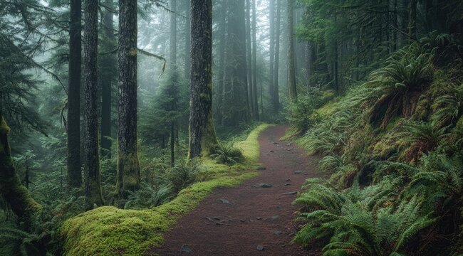 Misty forest trail winding through lush greenery