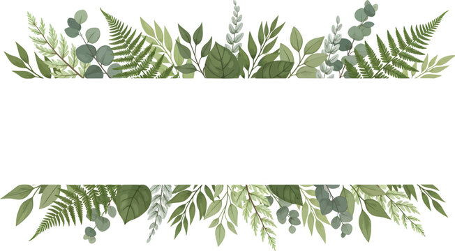 Elegant watercolor border of lush green ferns and eucalyptus leaves framing a blank white space for text