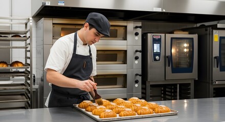 Young Baker Brushing Glaze on Fresh Pastries in a Commercial Kitchen