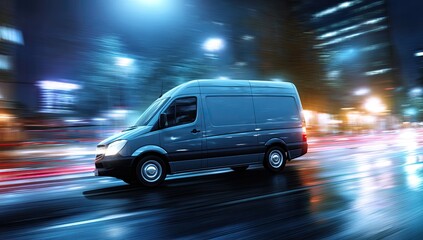 A gray delivery van moving quickly through a city at night