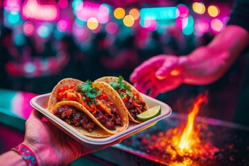 Street food tacos served at night market with neon lights and fire grill in background, vibrant colorful atmosphere and creative lighting setup. Ai generative