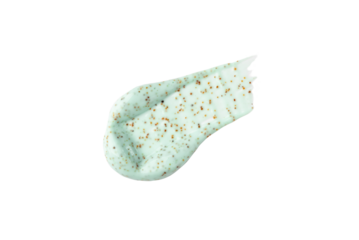 A sample of a green body scrub with particles on a white background.