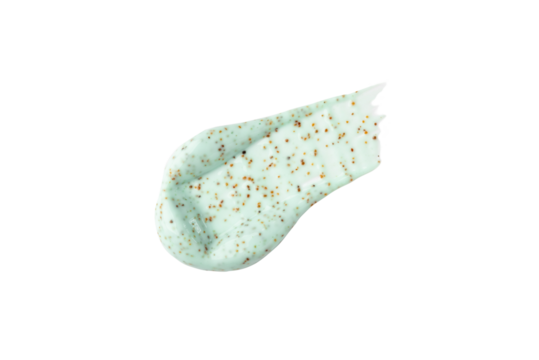 A sample of a green body scrub with particles on a white background.