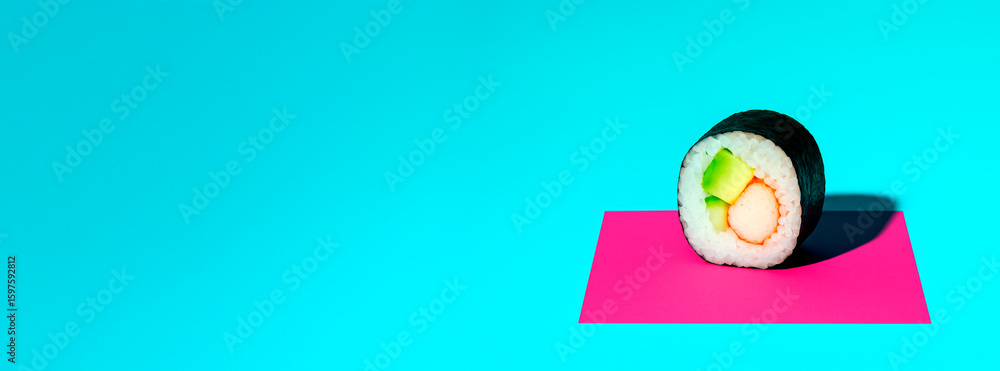 Poster sushi roll on pink paper with bright cyan background in minimal clean food concept mockup style for 