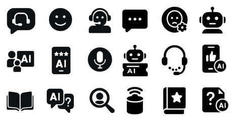 Customer service and ai solid icons set &ndash; filled, chatbot and headset symbols