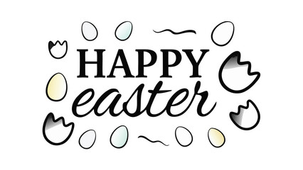 Happy easter text surrounded by eggs and cracked shells in a festive spring holiday design element
