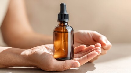 A small brown glass bottle with a dropper held gently by two hands, soft focus background. The image conveys wellness and natural beauty.
