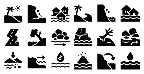 Obraz premium Natural disaster icons set – solid, silhouette, emergency and weather symbols