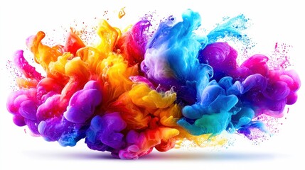 A vibrant display of colorful smoke in various hues explodes against a clean white background, creating a visually stunning effect.