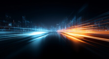 Obraz premium An abstract representation of blue and orange light streaks on a dark background, converging to a central point, embodies the concepts of speed, technological advancement, and futuristic progression