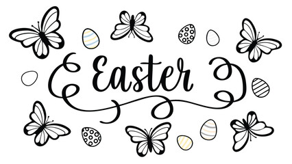 Easter themed design with butterflies and eggs in black and white line art and decorative flourishes