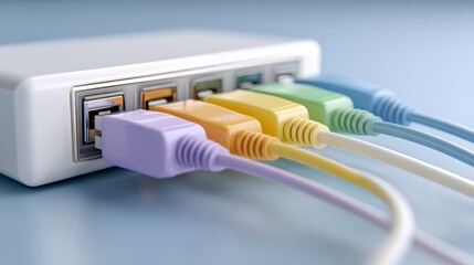 Colorful Ethernet Cables Plugged into Network Switch – Wired Connectivity Concept in Clean Tech Setup with Purple, Orange, Yellow, Green, Blue