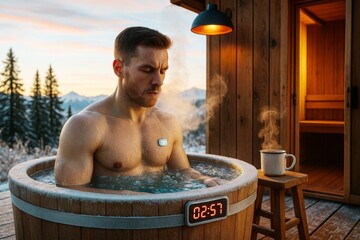 Man practicing cold immersion in outdoor ice bath with visible breath and digital timer, warm sauna and mug beside, snowy mountain background light.. Ai generative