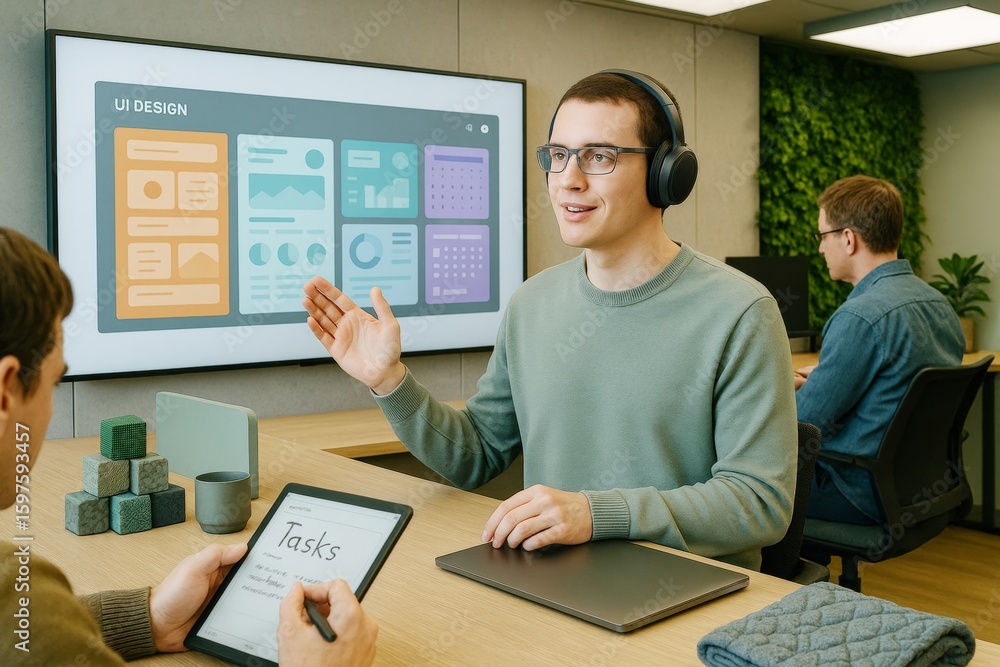 Poster creative team discussing ui design with modern digital tools in bright office environment with green