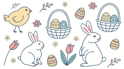 Illustration of easter themed elements including bunnies chick and decorated easter eggs in baskets