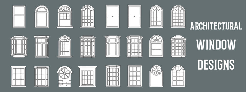 Architectural Window Designs Collection with Minimalist Line Art Illustrations of Modern and Classic Frames for CAD, Interior, and Exterior Design Projects