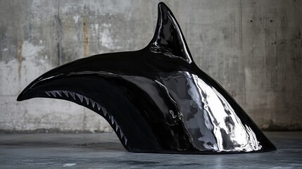 Sleek black abstract sculpture resembling a shark's head with sharp teeth and dorsal fin