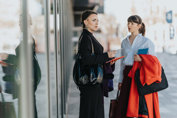 Two professional women engaging in a business discussion outside, emphasizing collaboration,...