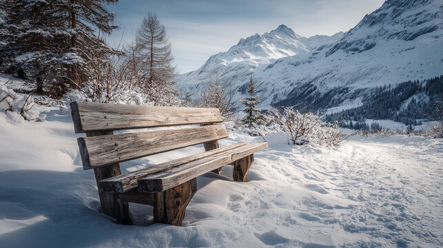 snow covered bench in the mountains