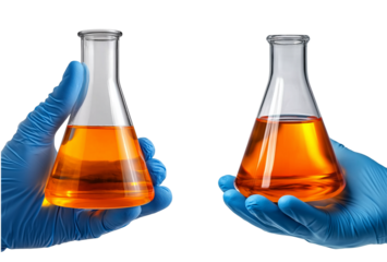 Scientist hand holding flask with chemistry liquid on transparent background, cutout.
