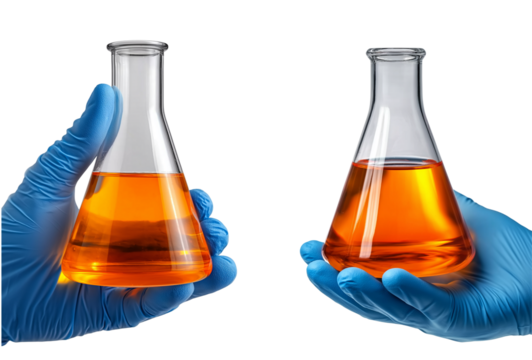 Scientist hand holding flask with chemistry liquid on transparent background, cutout.